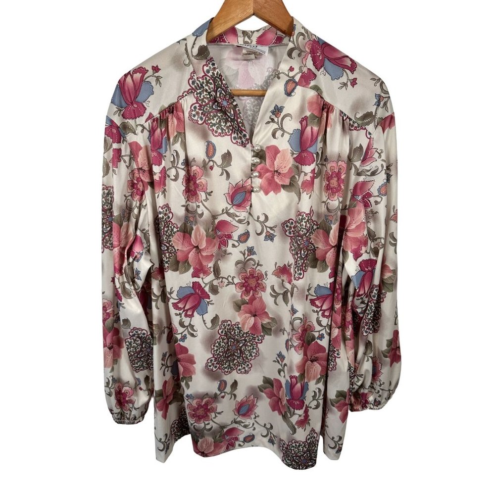 Vintage Joro 1X Womens MuuMuu Blouse Top Peasant Boho Long Sleeve Floral Beige